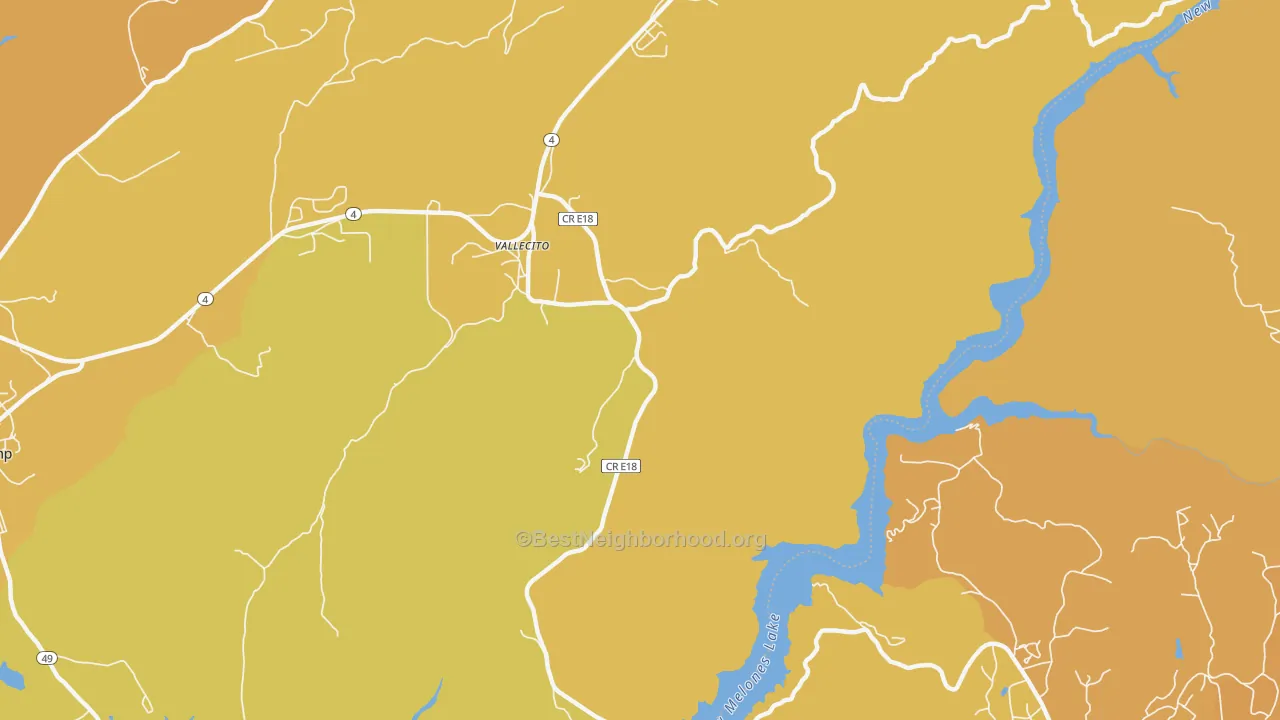 Map of the best neighborhoods in the Vallecito area, with better matches in green and worse matches in red