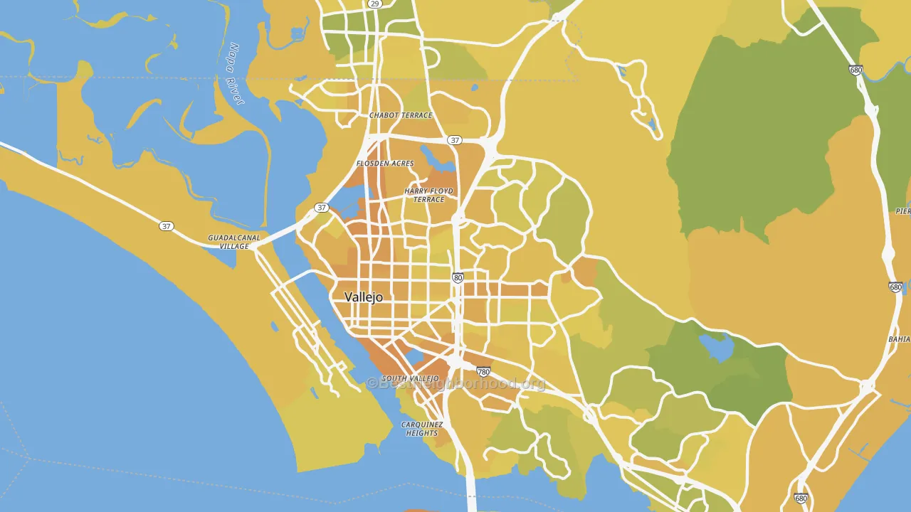 Map of the best neighborhoods in the Vallejo Metro area, with better matches in green and worse matches in red