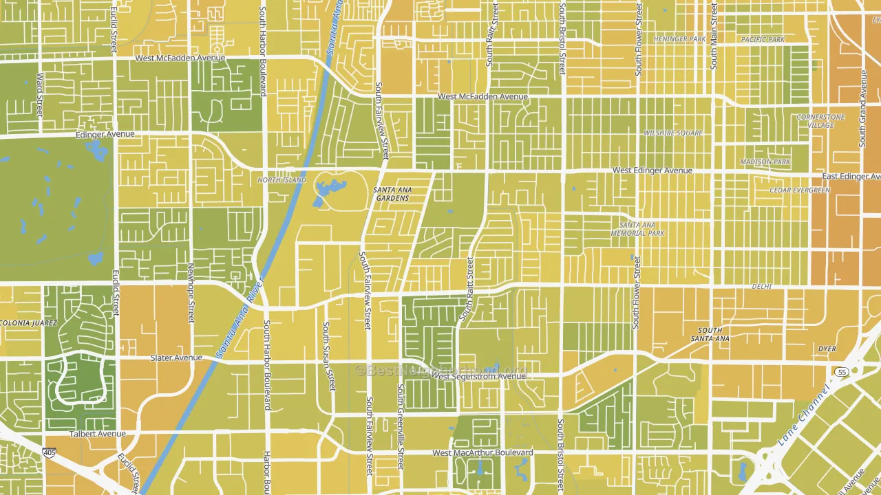 Map of the best neighborhoods in the Valley Adams, Santa Ana area, with better matches in green and worse matches in red