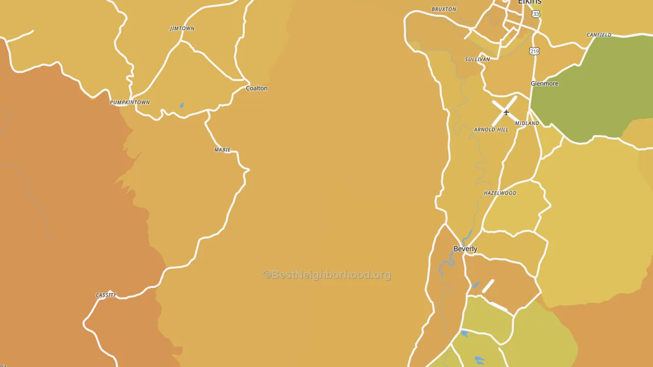 Map of the best neighborhoods in the Valley Bend area, with better matches in green and worse matches in red