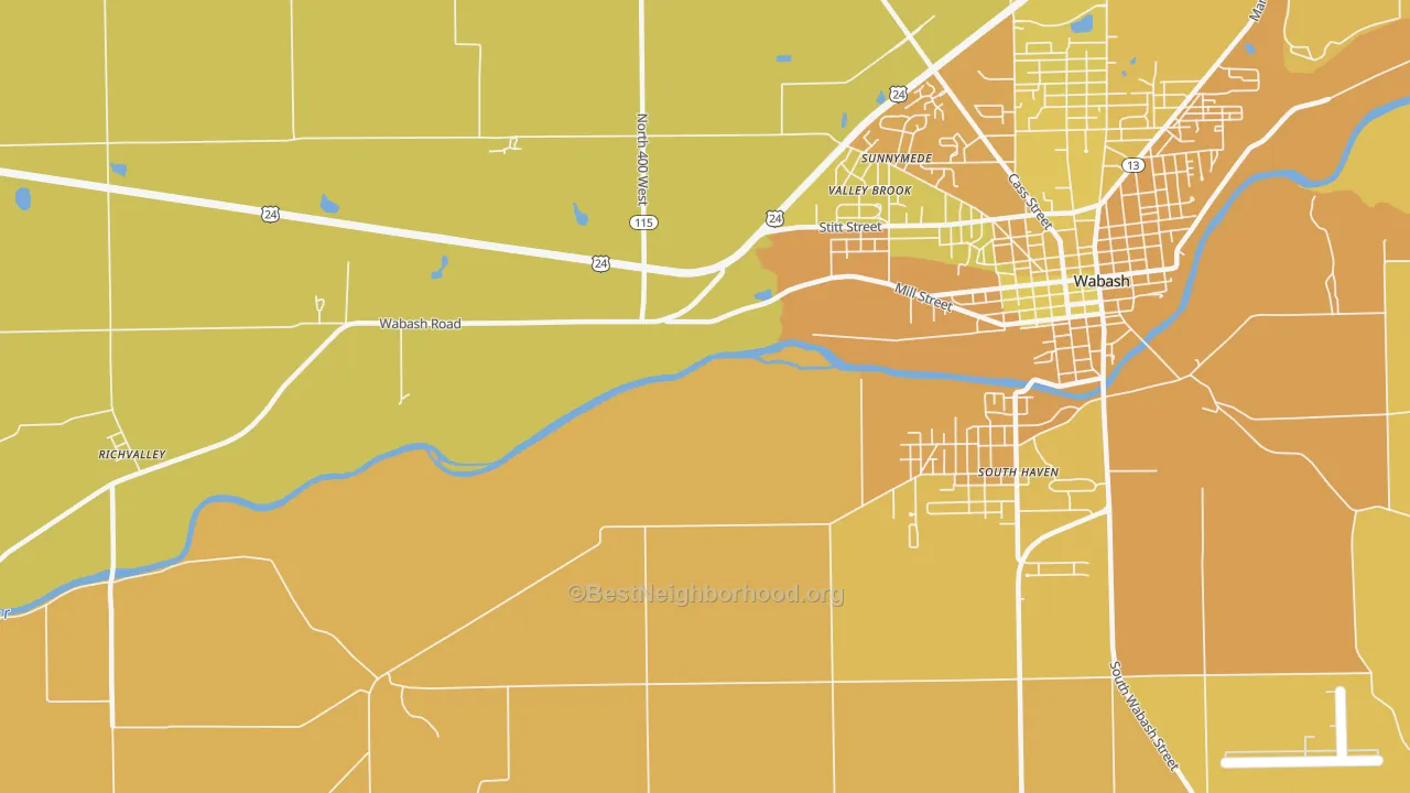Map of the best neighborhoods in the Valley Brook area, with better matches in green and worse matches in red