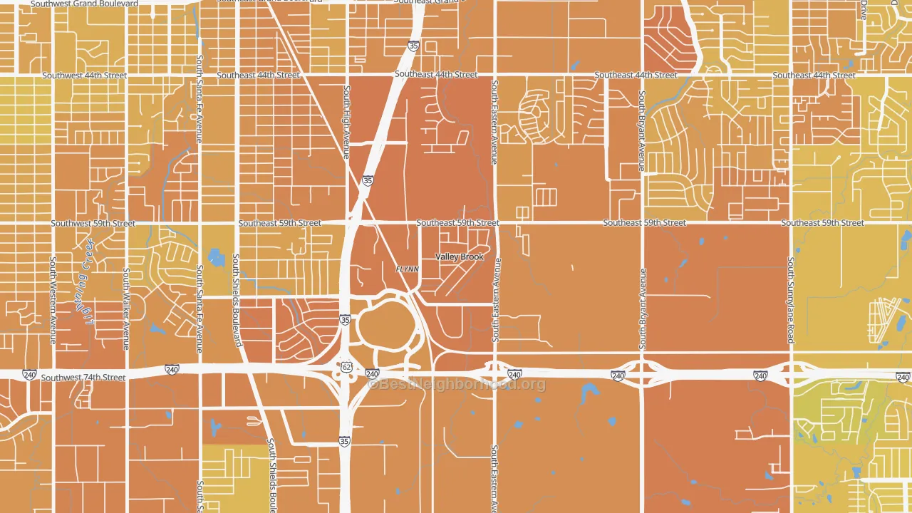 Map of the best neighborhoods in the Valley Brook area, with better matches in green and worse matches in red