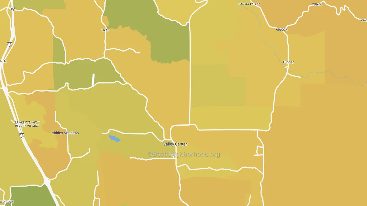 Map of the best neighborhoods in the Valley Center area, with better matches in green and worse matches in red