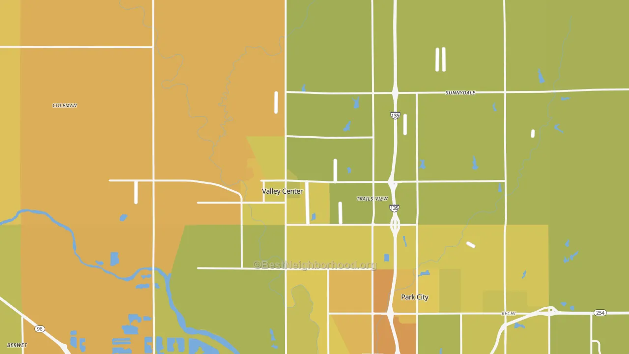 Map of the best neighborhoods in the Valley Center area, with better matches in green and worse matches in red