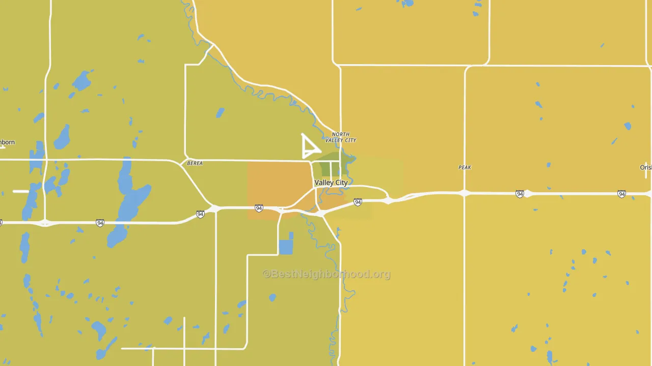 Map of the best neighborhoods in the Valley City area, with better matches in green and worse matches in red