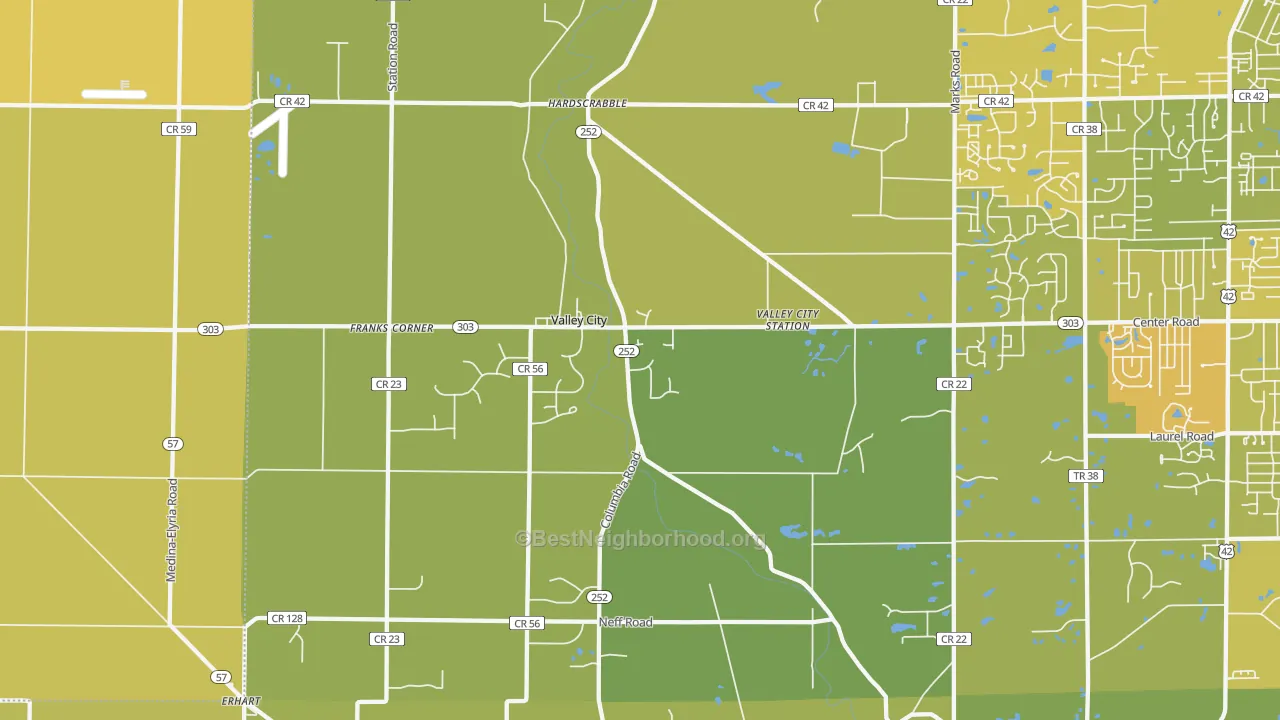 Map of the best neighborhoods in the Valley City area, with better matches in green and worse matches in red