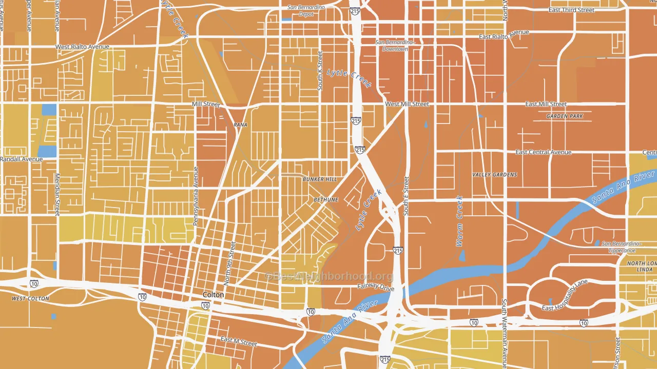 Map of the best neighborhoods in the Valley College, San Bernardino area, with better matches in green and worse matches in red