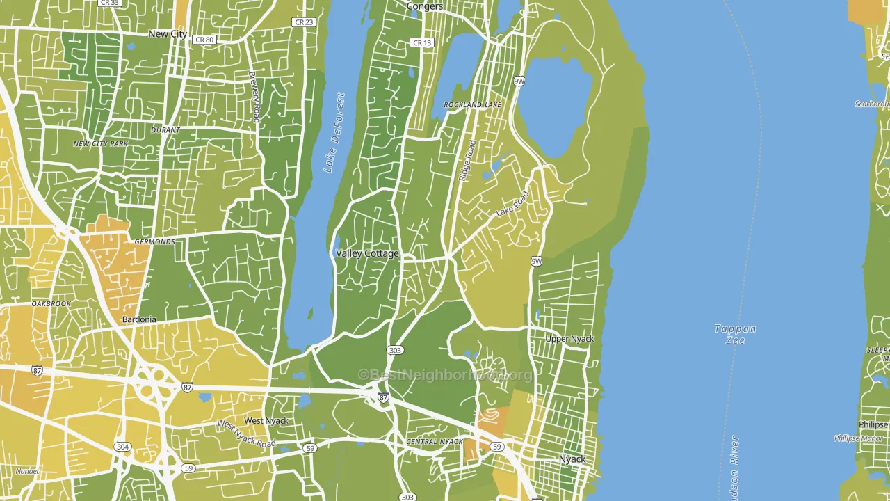 Map of the best neighborhoods in the Valley Cottage area, with better matches in green and worse matches in red
