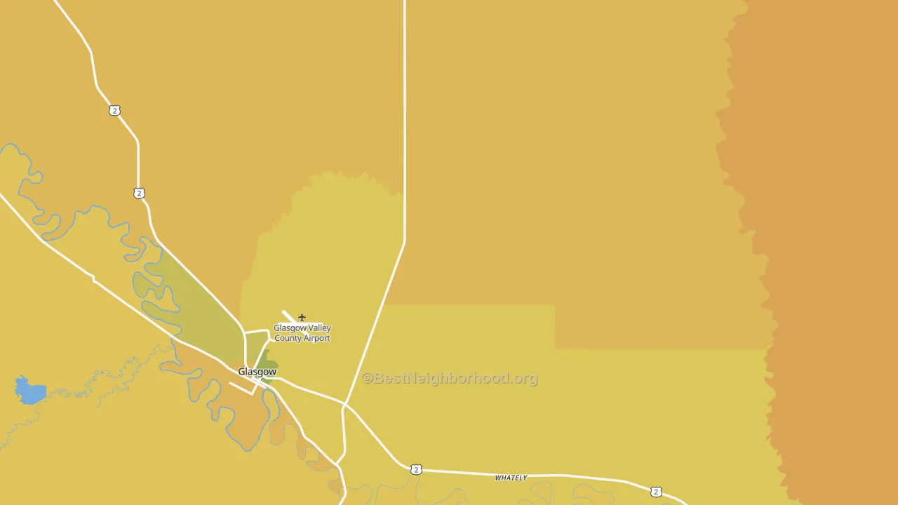 Map of the best neighborhoods in the Valley County area, with better matches in green and worse matches in red