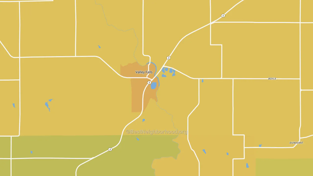 Map of the best neighborhoods in the Valley Falls area, with better matches in green and worse matches in red
