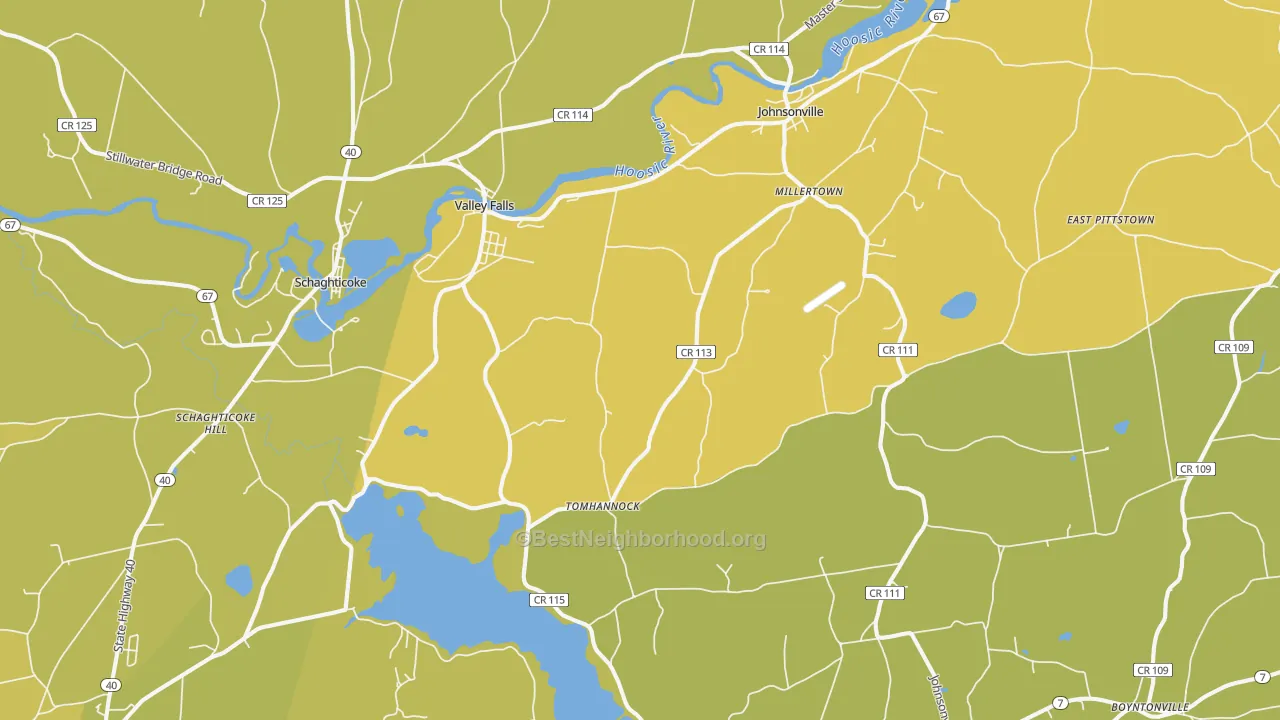 Map of the best neighborhoods in the Valley Falls area, with better matches in green and worse matches in red