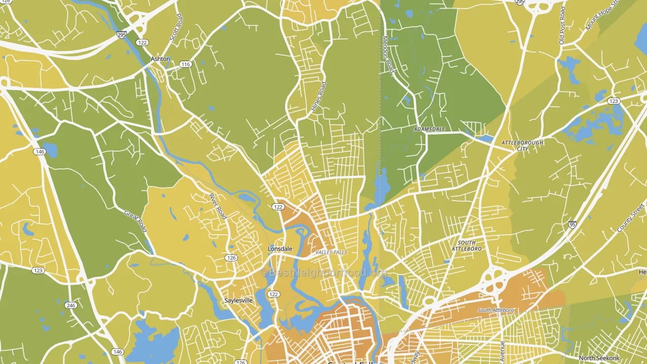 Map of the best neighborhoods in the Valley Falls area, with better matches in green and worse matches in red