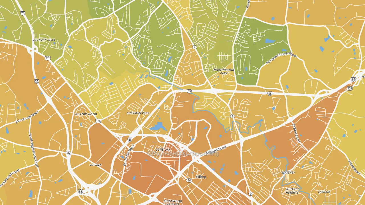 Map of the best neighborhoods in the Valley Falls area, with better matches in green and worse matches in red