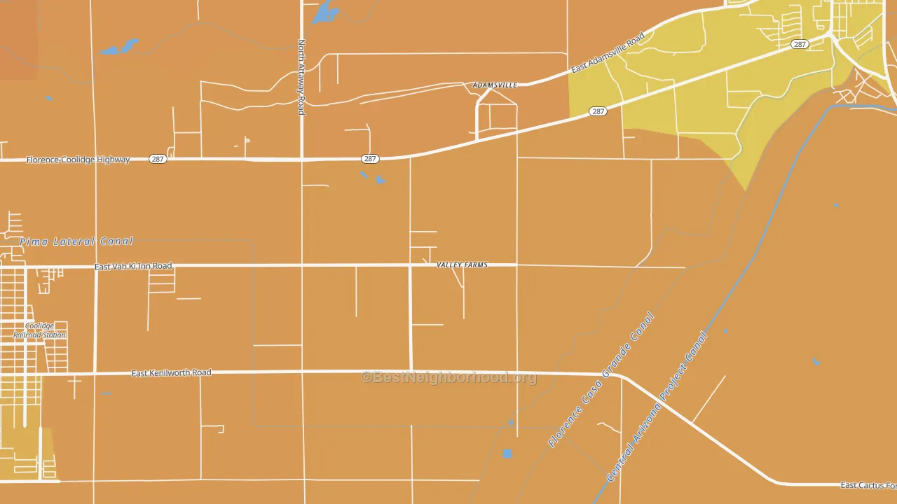 Map of the best neighborhoods in the Valley Farms area, with better matches in green and worse matches in red