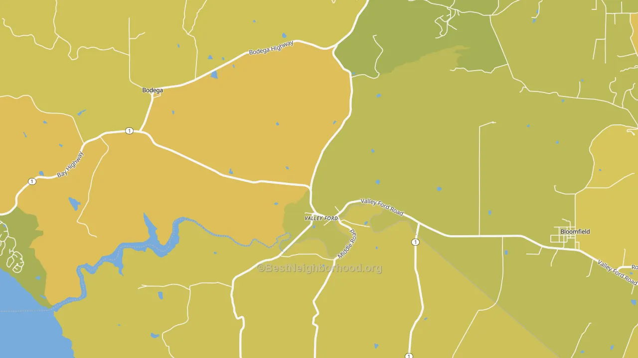 Map of the best neighborhoods in the Valley Ford area, with better matches in green and worse matches in red