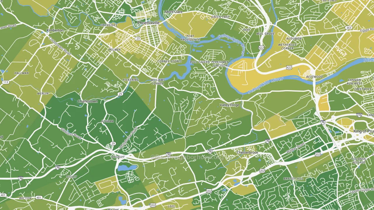 Map of the best neighborhoods in the Valley Forge area, with better matches in green and worse matches in red