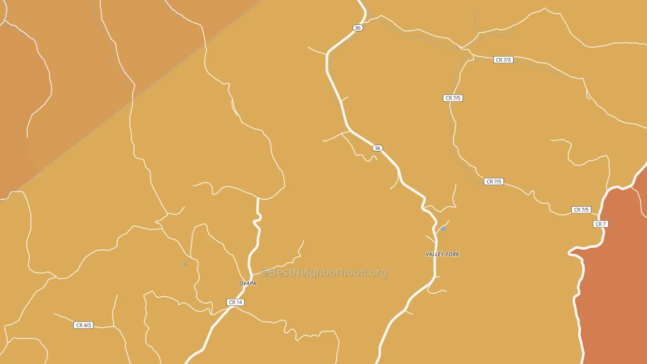 Map of the best neighborhoods in the Valley Fork area, with better matches in green and worse matches in red