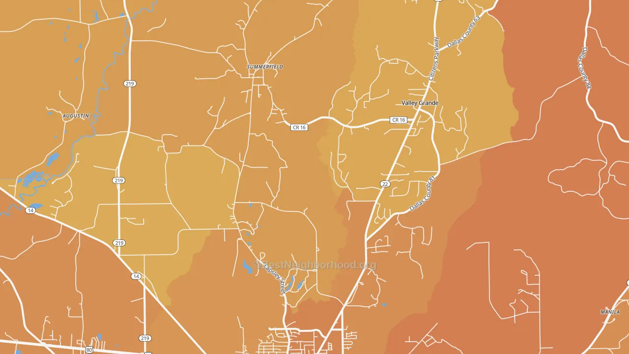 Map of the best neighborhoods in the Valley Grande area, with better matches in green and worse matches in red