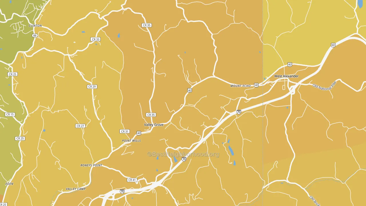 Map of the best neighborhoods in the Valley Grove area, with better matches in green and worse matches in red