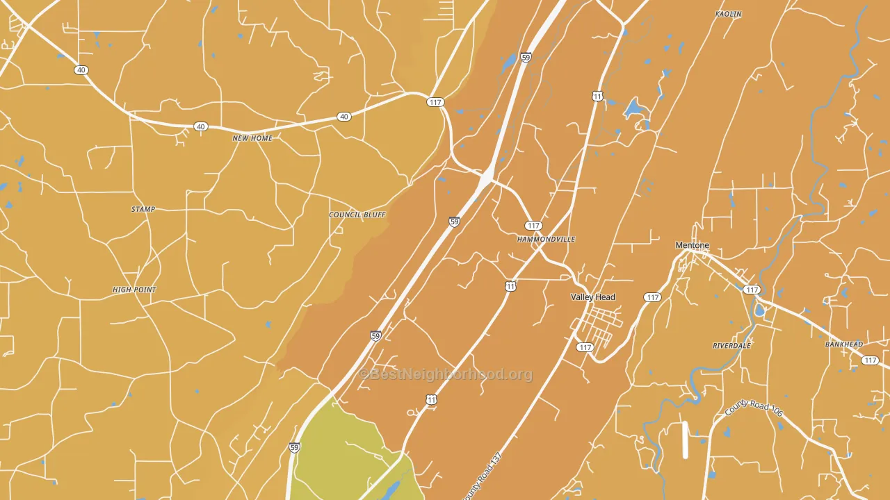Map of the best neighborhoods in the Valley Head area, with better matches in green and worse matches in red
