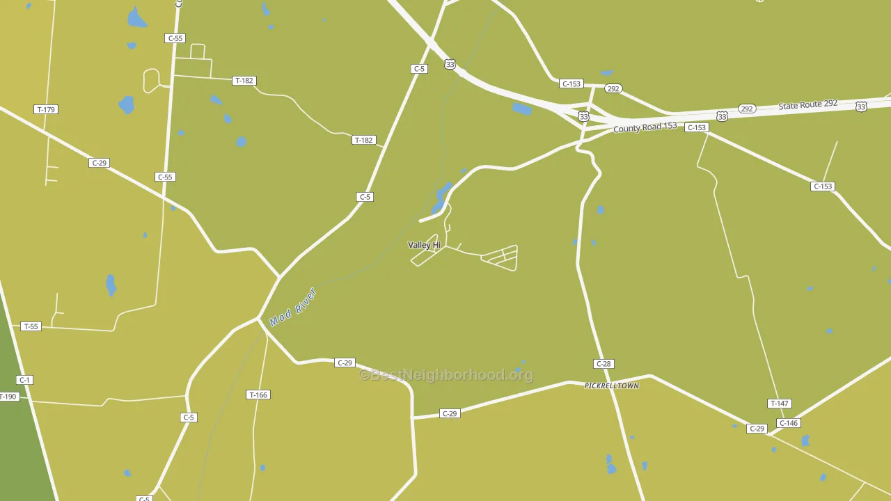 Map of the best neighborhoods in the Valley-Hi area, with better matches in green and worse matches in red