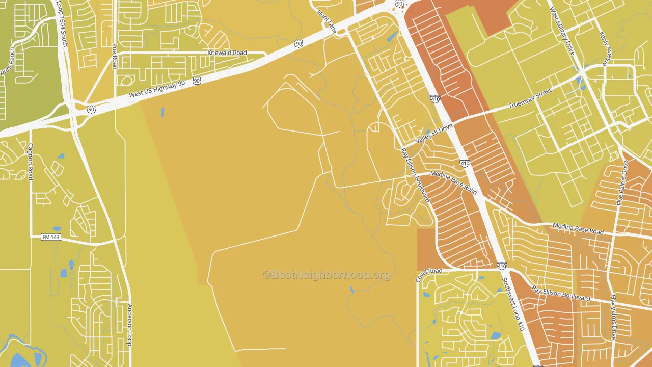Map of the best neighborhoods in the Valley-Hi area, with better matches in green and worse matches in red