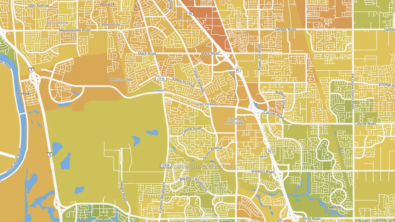 Map of the best neighborhoods in the Valley High-North Laguna, Sacramento area, with better matches in green and worse matches in red
