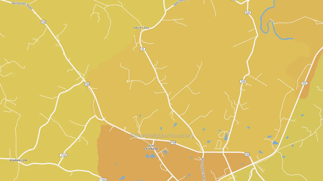 Map of the best neighborhoods in the Valley Hill area, with better matches in green and worse matches in red