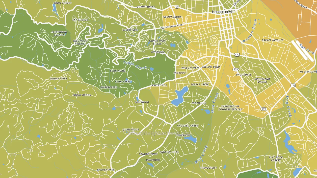 Map of the best neighborhoods in the Valley Hill area, with better matches in green and worse matches in red