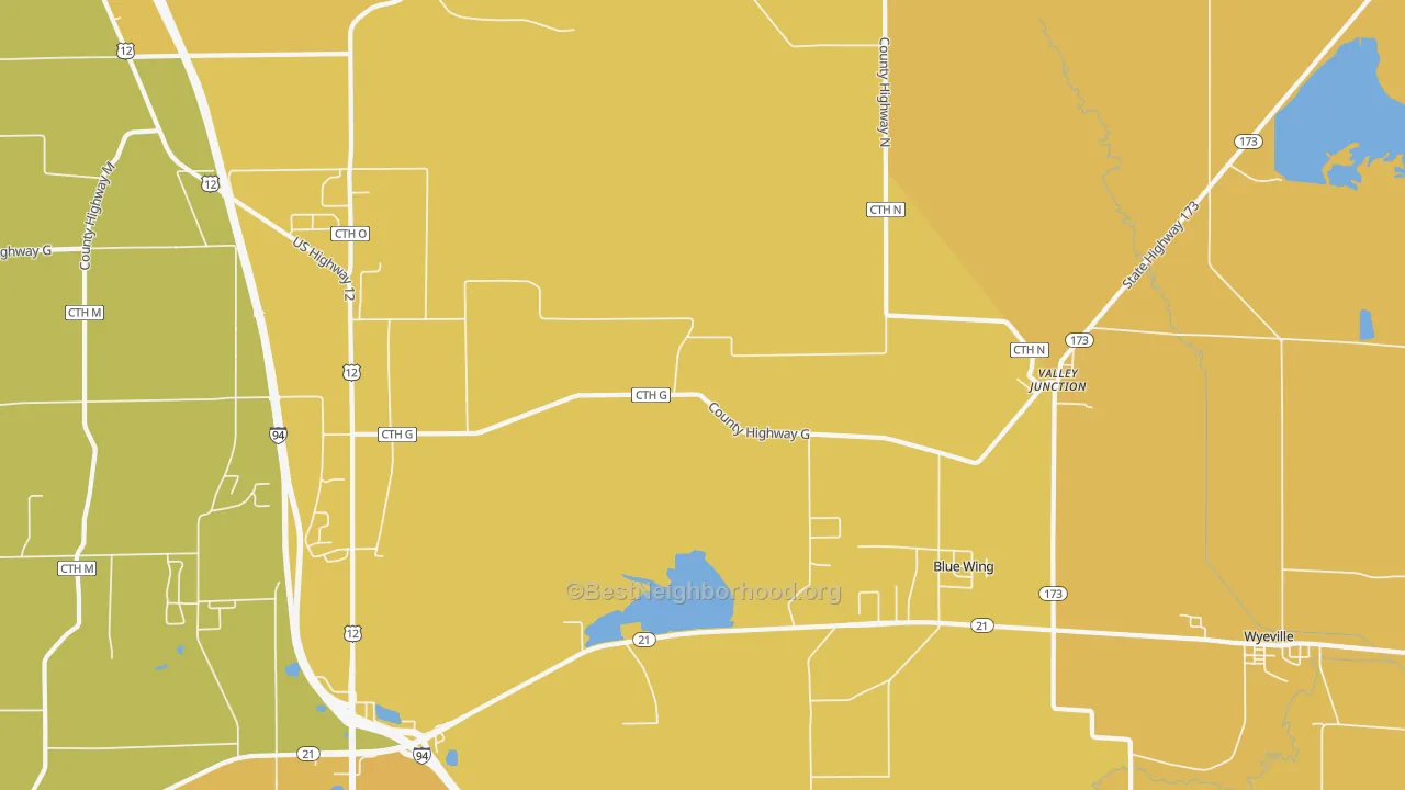 Map of the best neighborhoods in the Valley Junction area, with better matches in green and worse matches in red