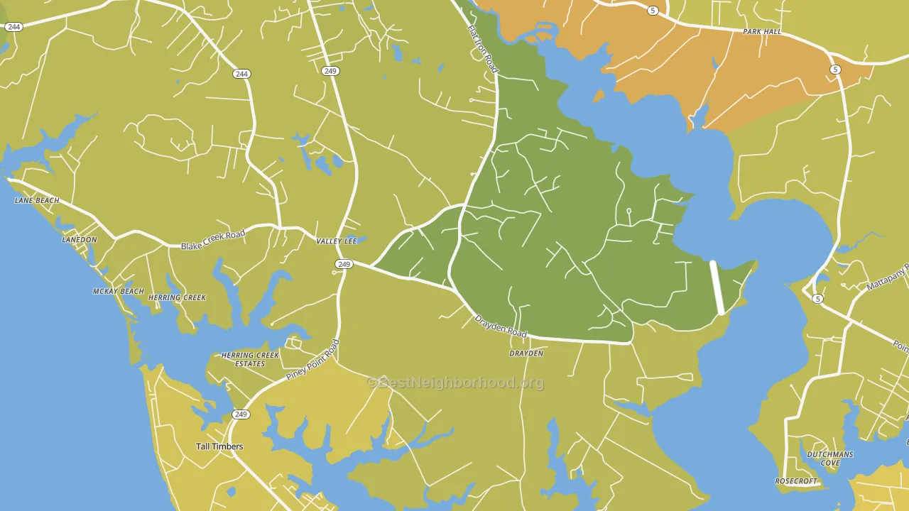 Map of the best neighborhoods in the Valley Lee area, with better matches in green and worse matches in red