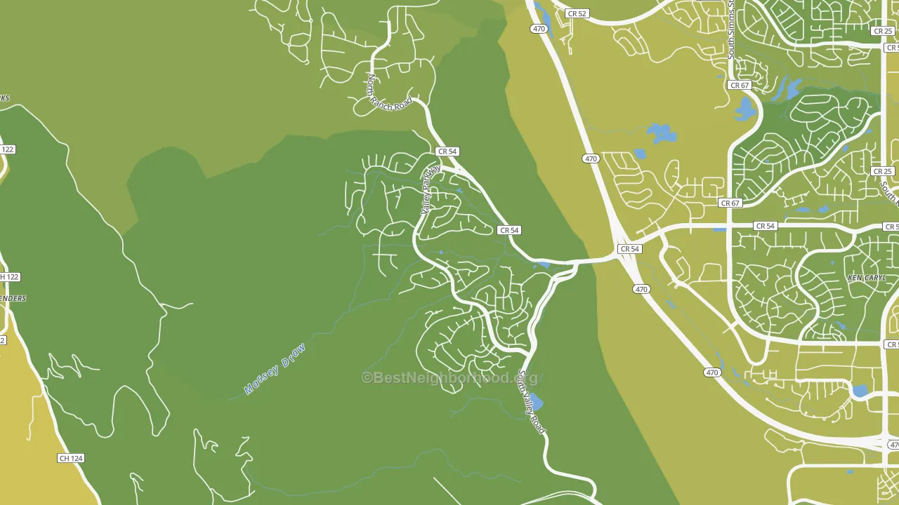 Map of the best neighborhoods in the Valley Legacy, Littleton area, with better matches in green and worse matches in red