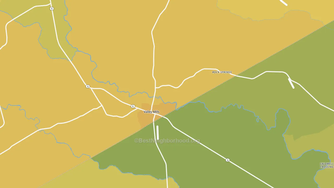 Map of the best neighborhoods in the Valley Mills area, with better matches in green and worse matches in red