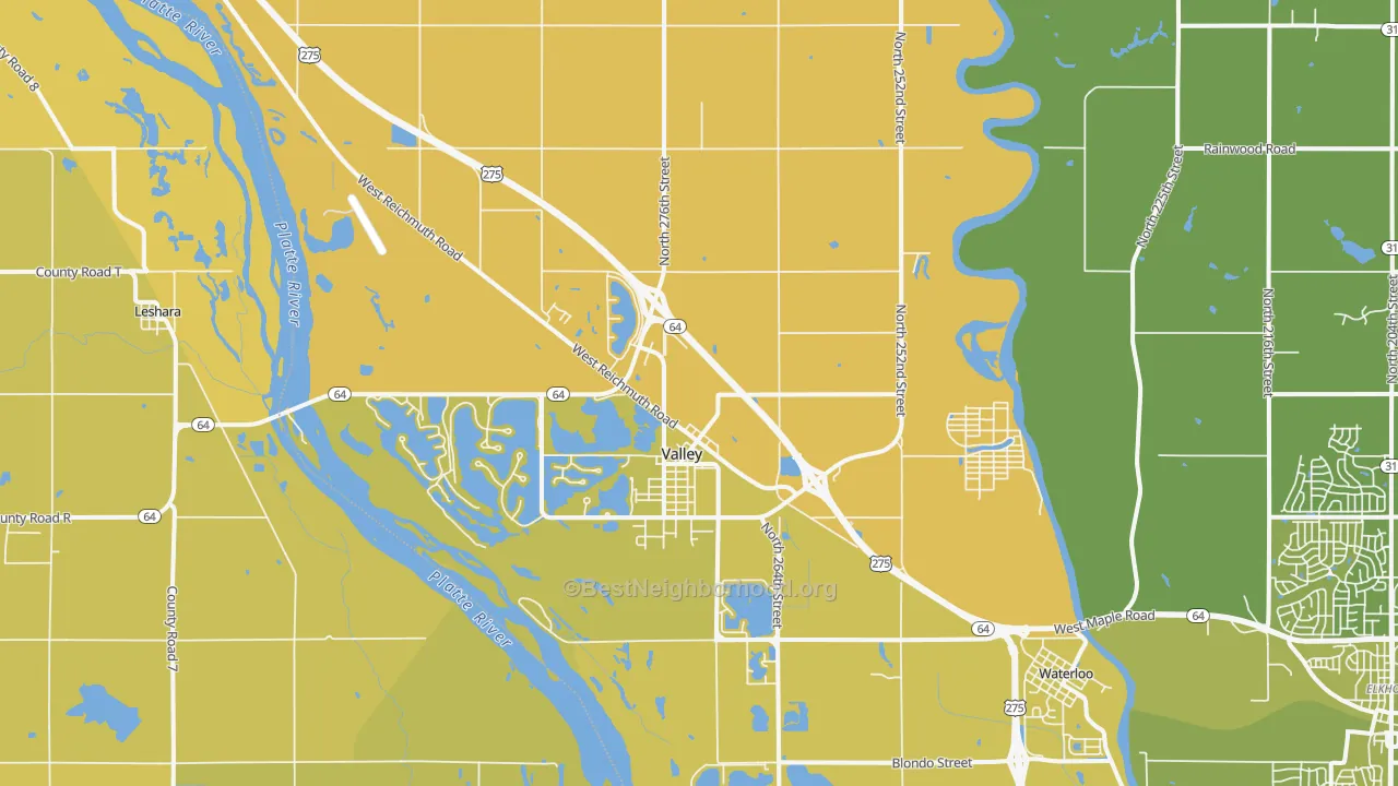 Map of the best neighborhoods in the Valley area, with better matches in green and worse matches in red