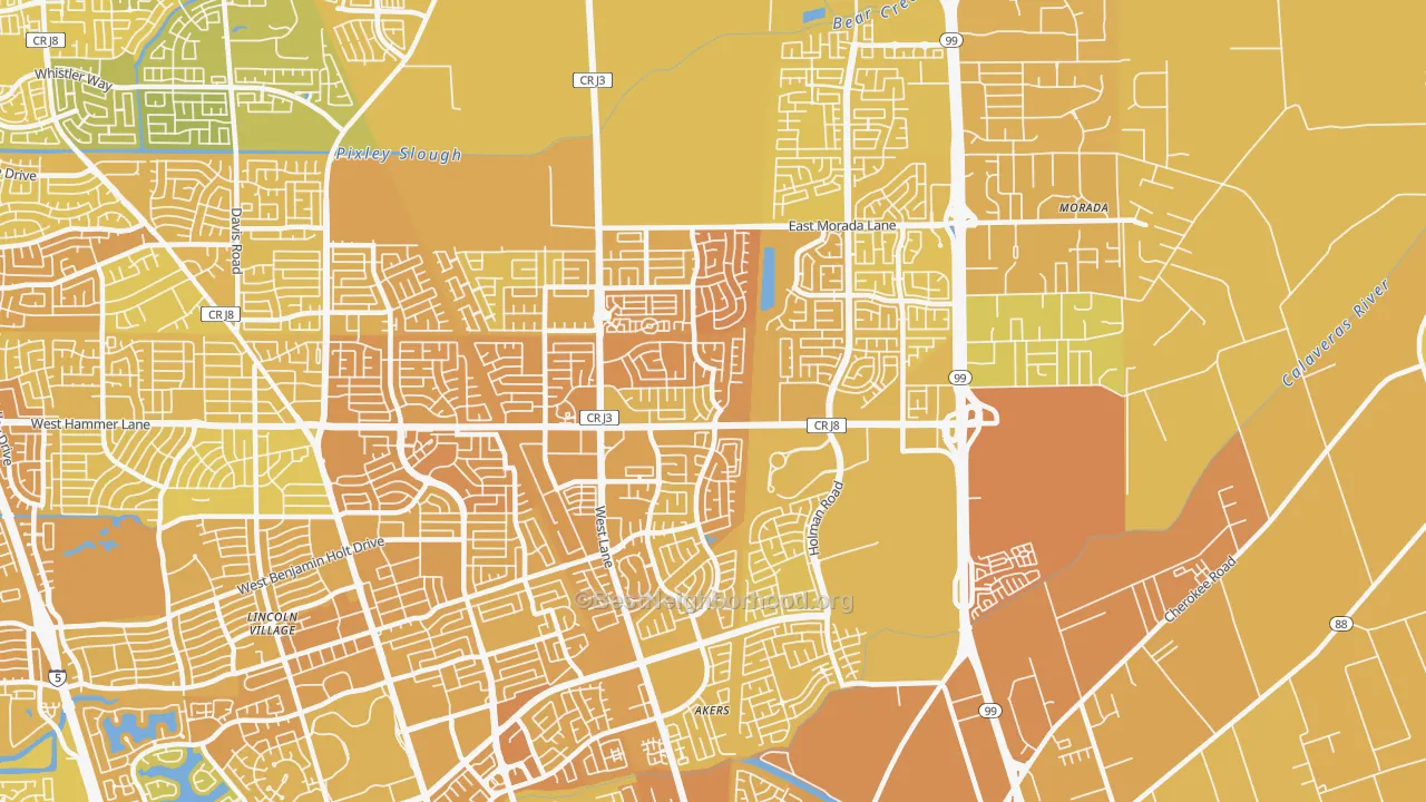 Map of the best neighborhoods in the Valley Oak, Stockton area, with better matches in green and worse matches in red