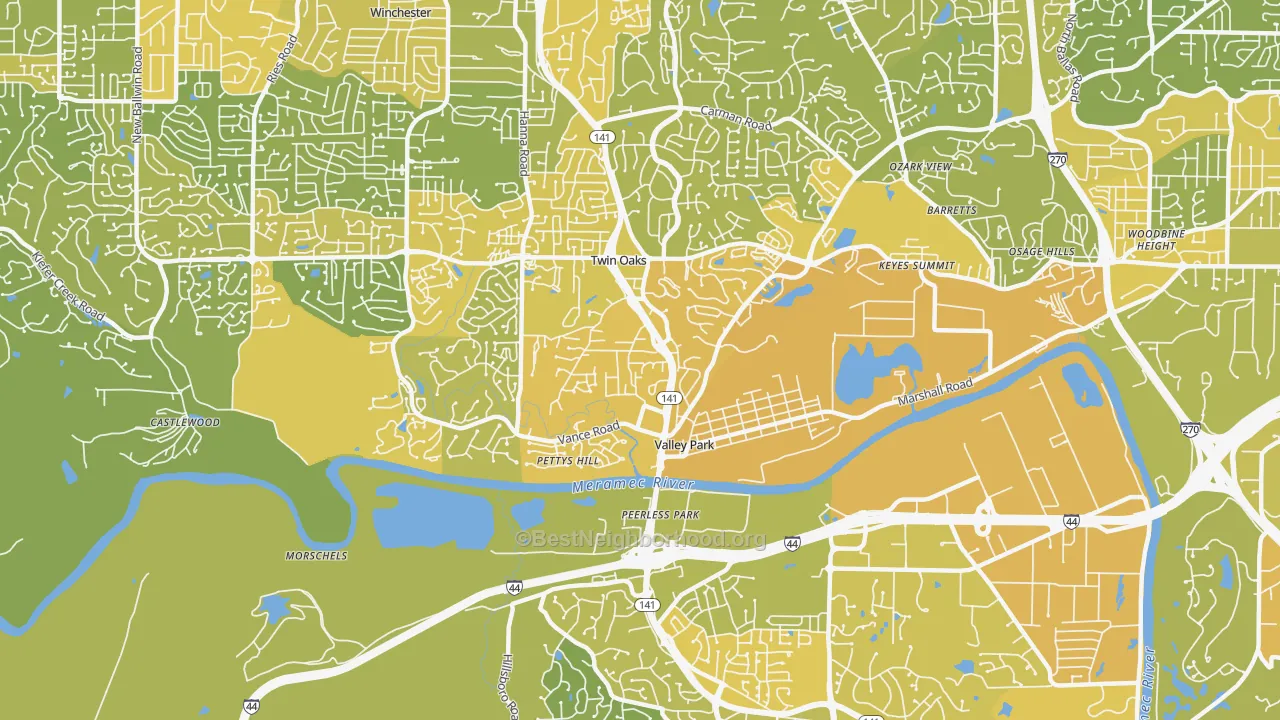 Map of the best neighborhoods in the Valley Park area, with better matches in green and worse matches in red