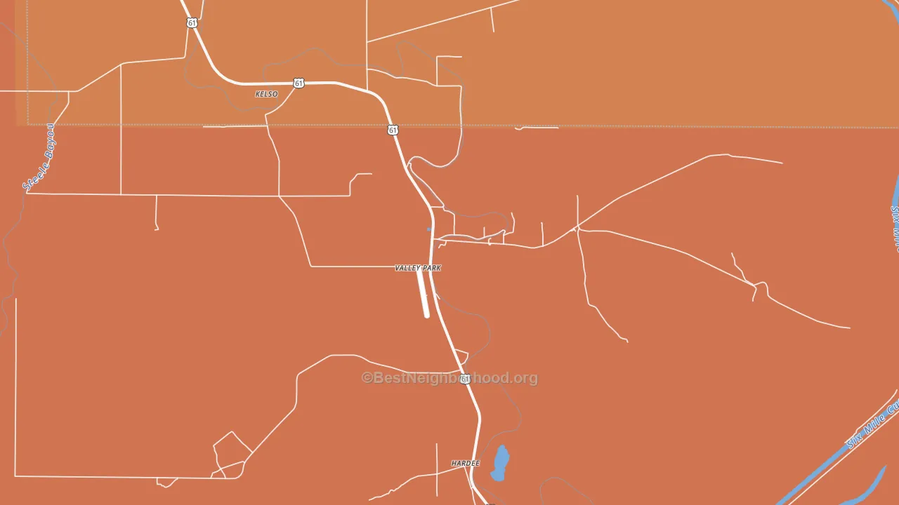 Map of the best neighborhoods in the Valley Park area, with better matches in green and worse matches in red