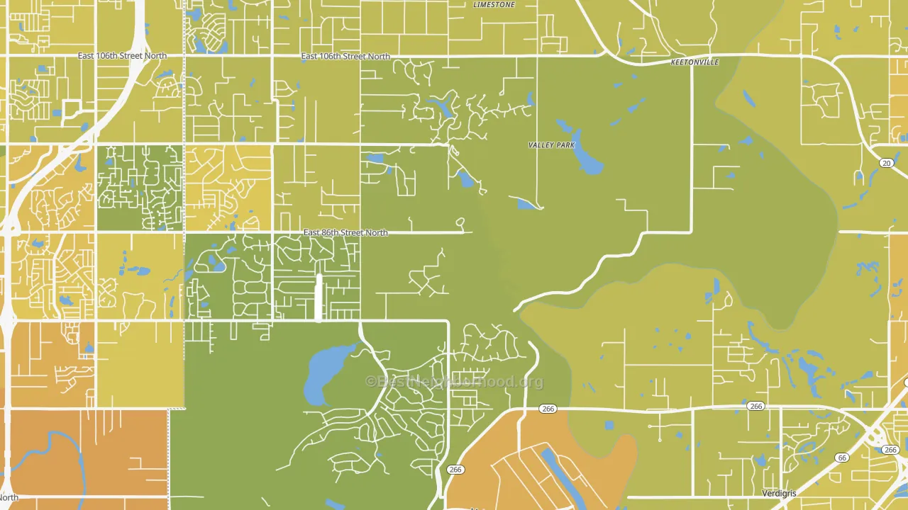 Map of the best neighborhoods in the Valley Park area, with better matches in green and worse matches in red