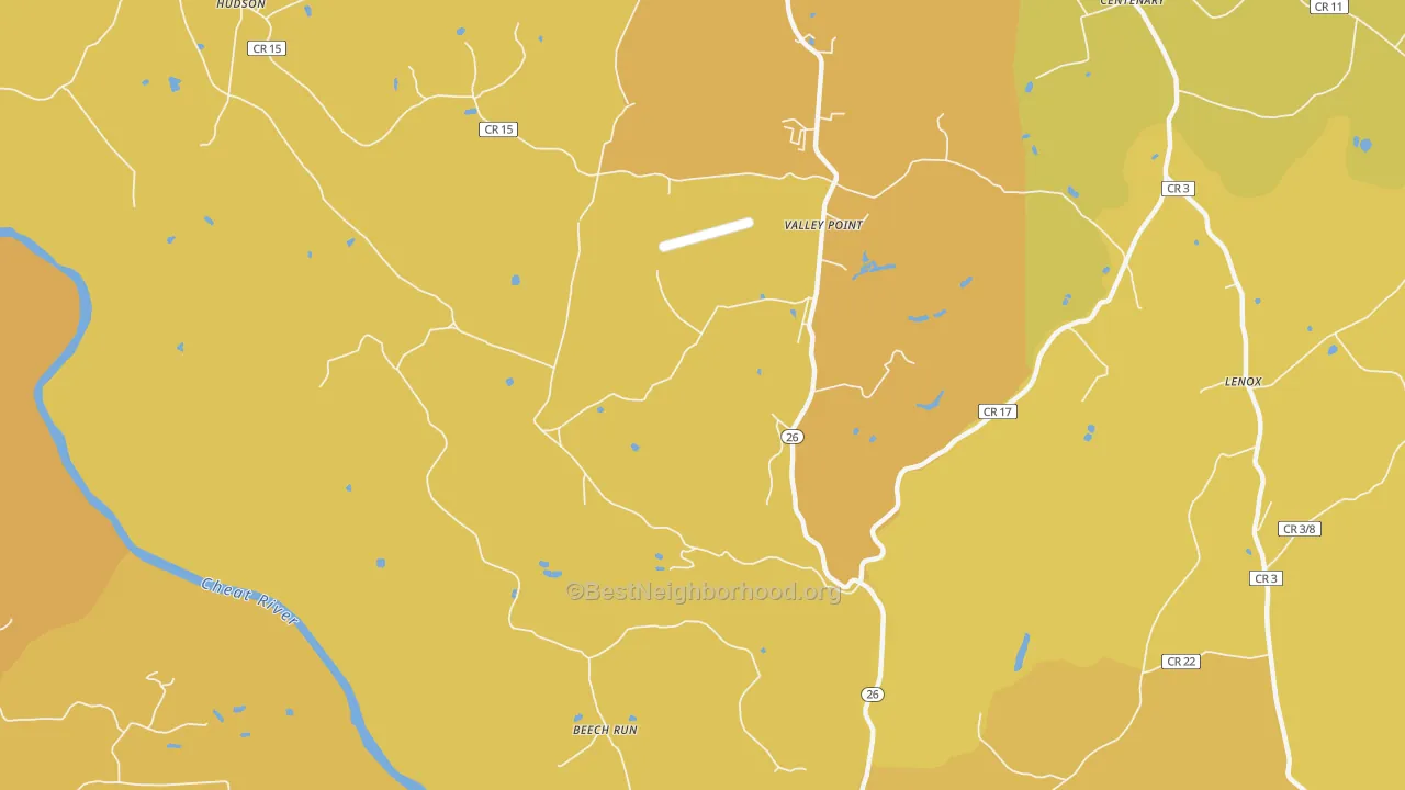 Map of the best neighborhoods in the Valley Point area, with better matches in green and worse matches in red