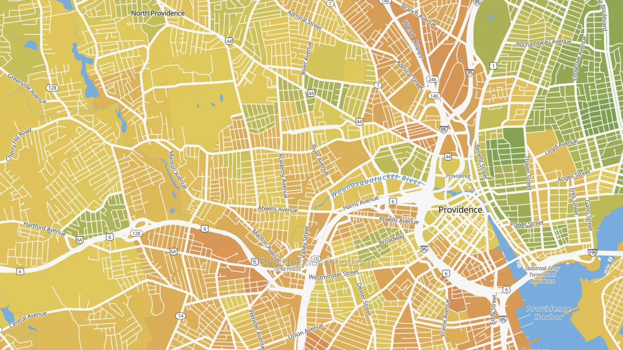 Map of the best neighborhoods in the Valley, Providence area, with better matches in green and worse matches in red