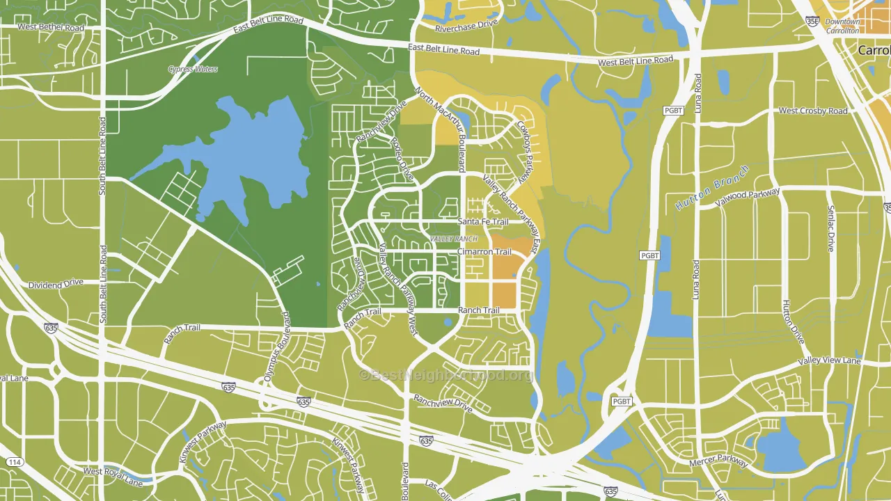 Map of the best neighborhoods in the Valley Ranch, Irving area, with better matches in green and worse matches in red