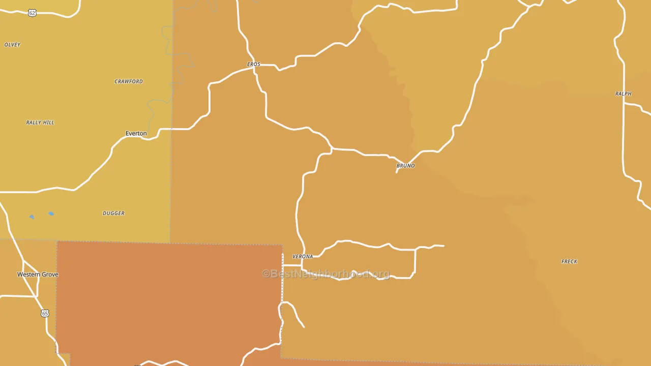 Map of the best neighborhoods in the Valley Springs area, with better matches in green and worse matches in red