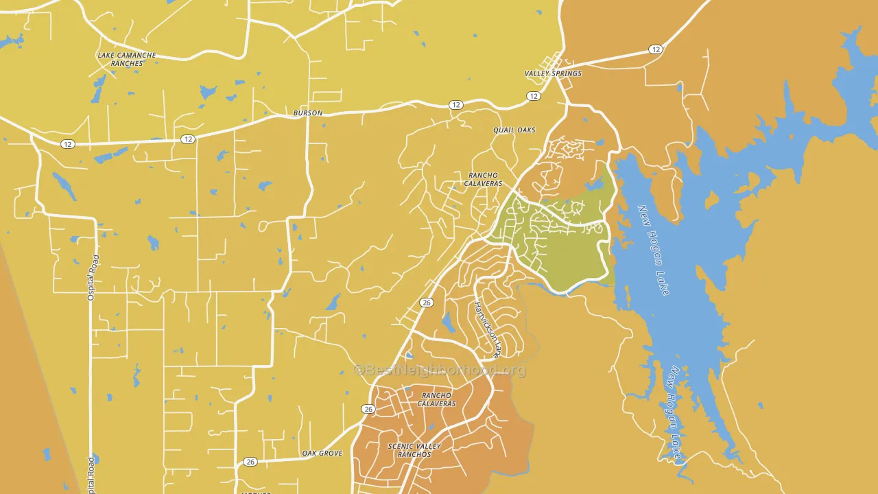 Map of the best neighborhoods in the Valley Springs area, with better matches in green and worse matches in red