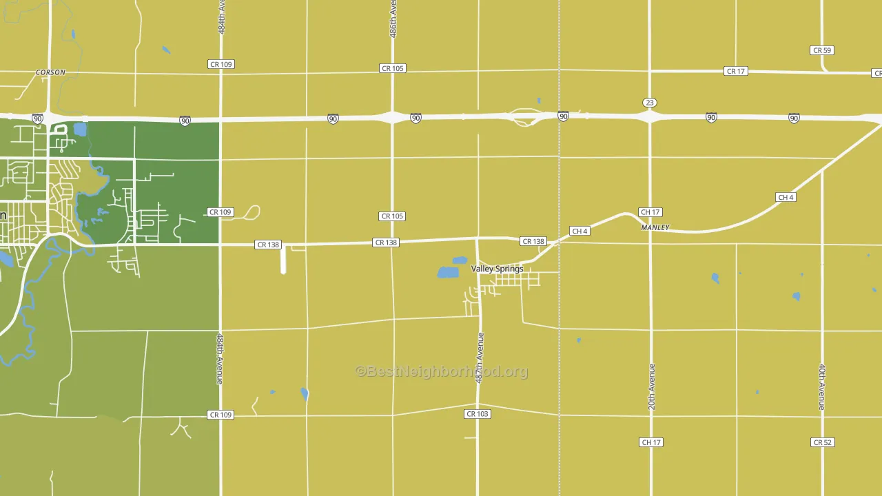 Map of the best neighborhoods in the Valley Springs area, with better matches in green and worse matches in red