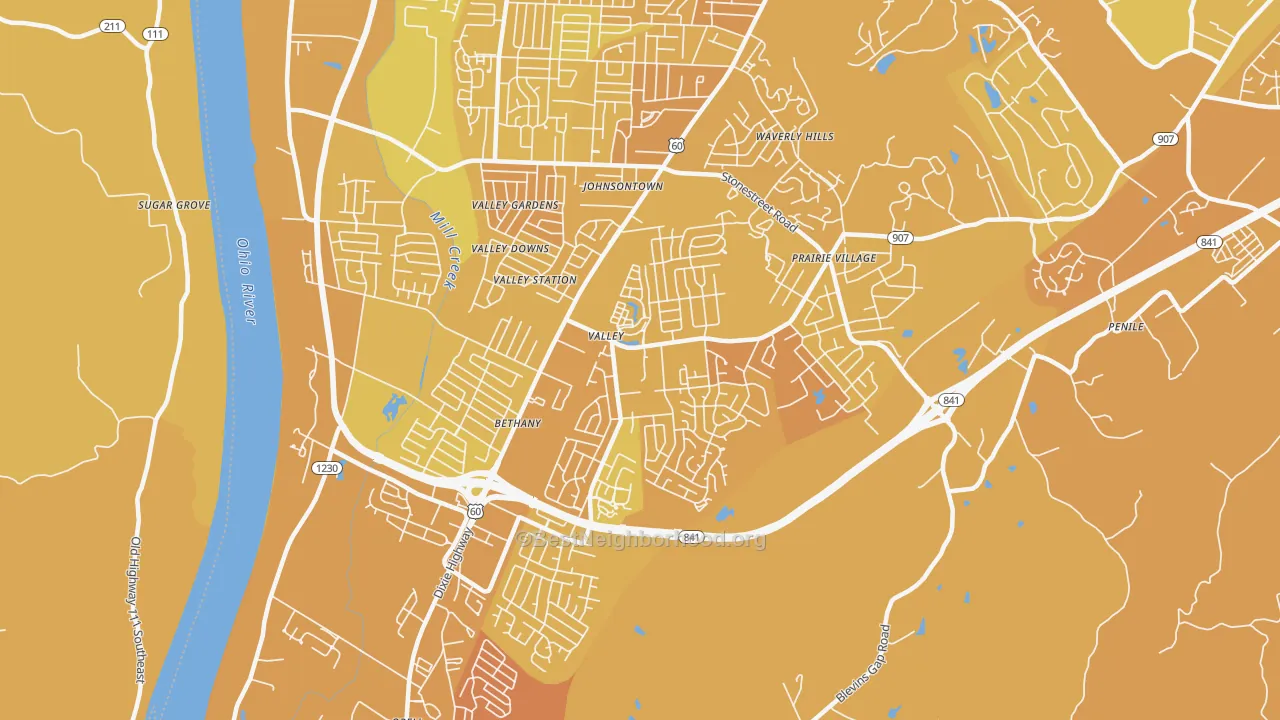 Map of the best neighborhoods in the Valley Station, Louisville area, with better matches in green and worse matches in red