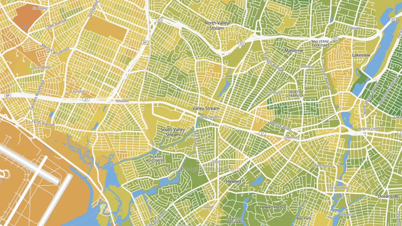 Map of the best neighborhoods in the Valley Stream area, with better matches in green and worse matches in red