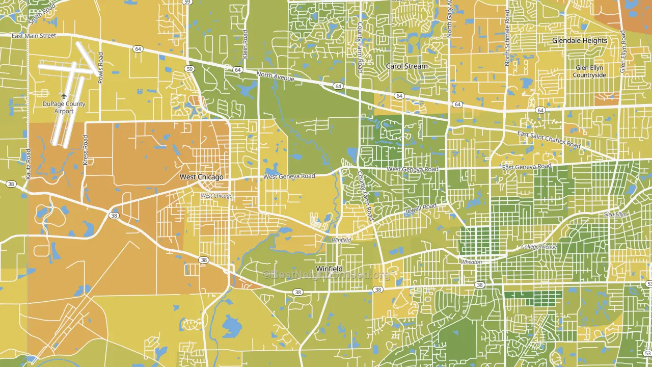 Map of the best neighborhoods in the Valley View, Glen Ellyn area, with better matches in green and worse matches in red