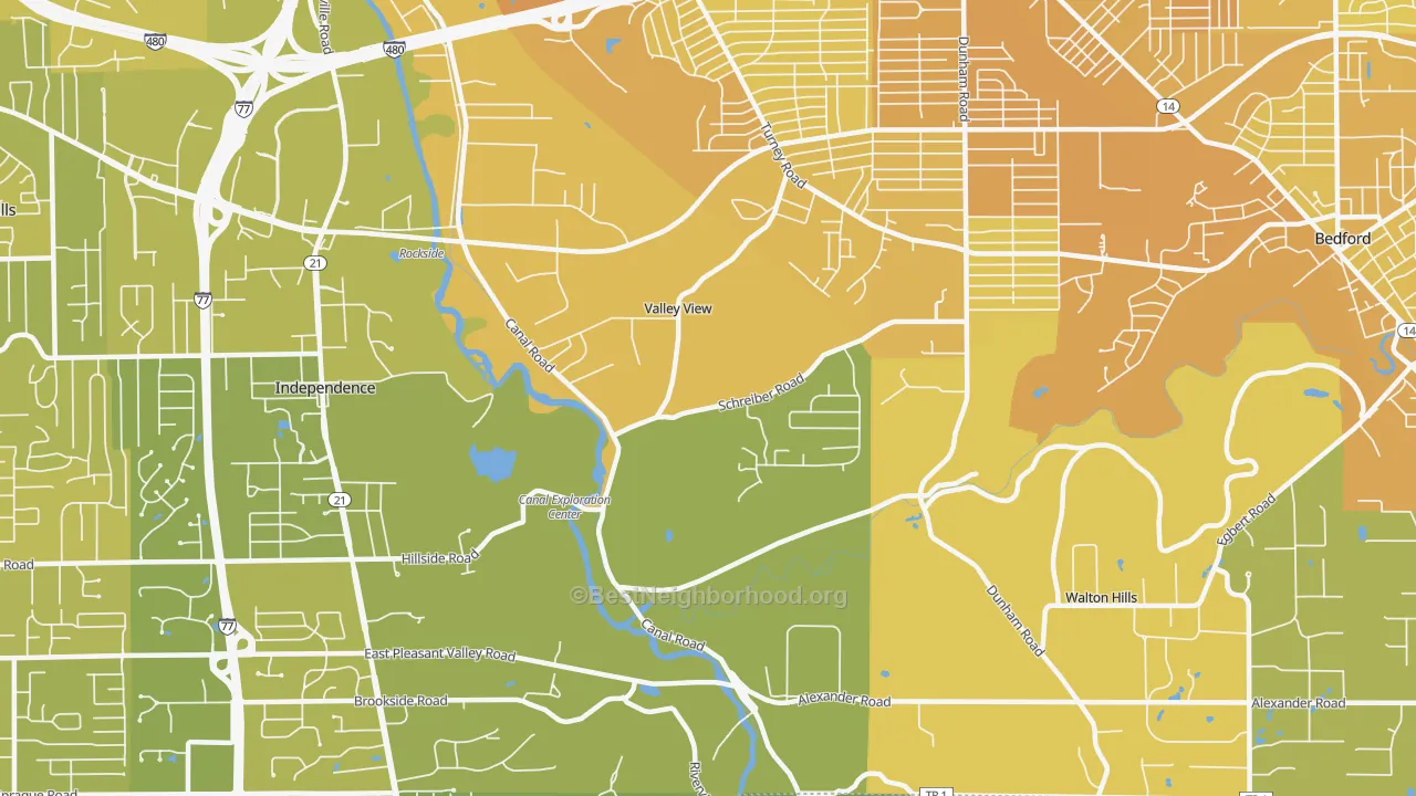 Map of the best neighborhoods in the Valley View area, with better matches in green and worse matches in red