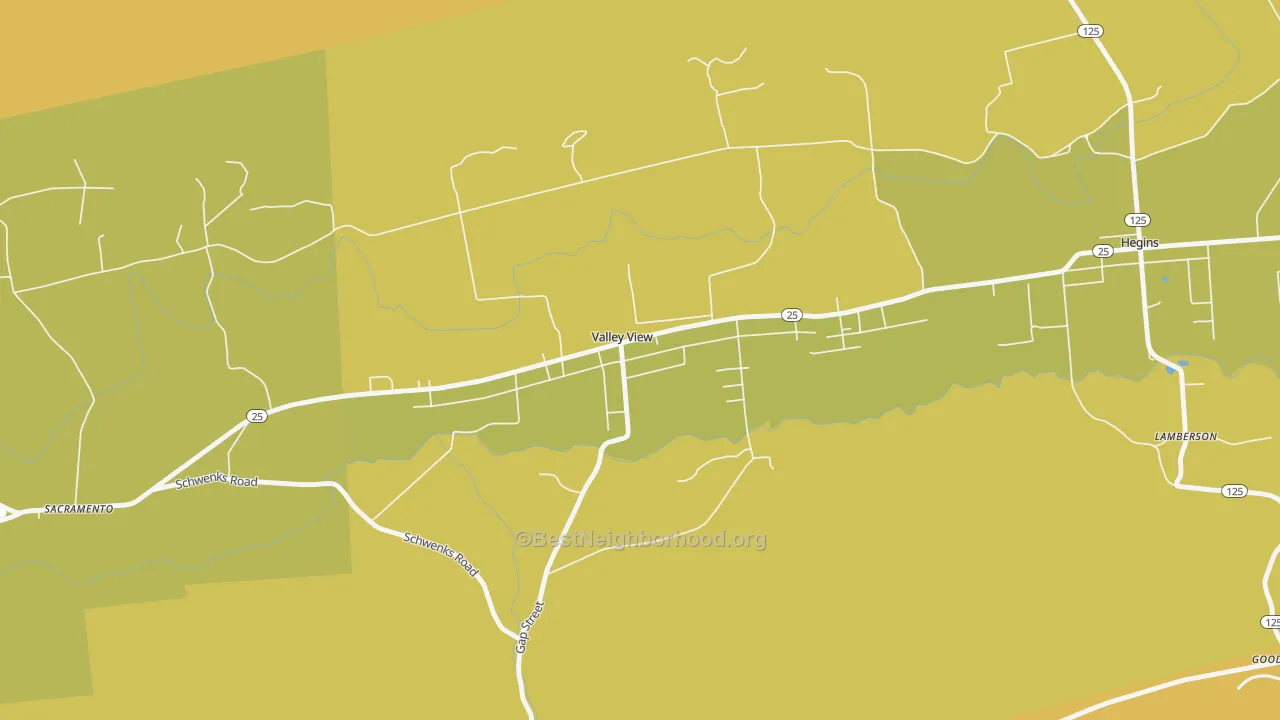 Map of the best neighborhoods in the Valley View area, with better matches in green and worse matches in red