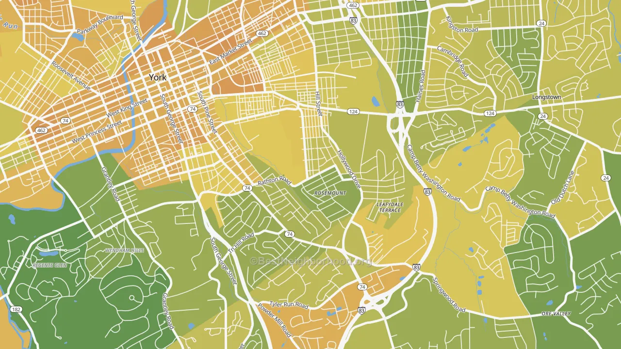 Map of the best neighborhoods in the Valley View, York area, with better matches in green and worse matches in red